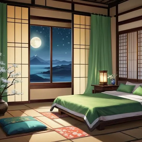 japanese-style room,ryokan,ryokans,sleeping room,bedroom,tatami,Illustration,Realistic Fantasy,Realistic Fantasy 01