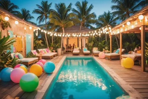 Vibrant aesthetic pool party, summer evening, warm golden lighting, tropical palm trees surrounding the pool, colorful beach balls floating on the water, a group of young adults laughing and chatting,