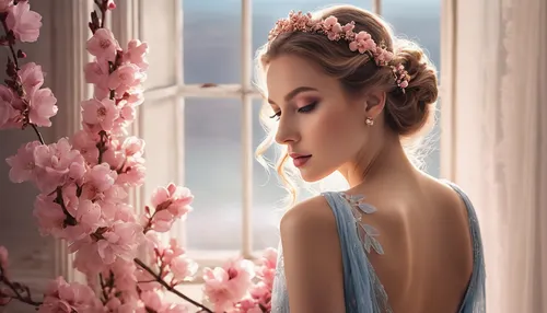 romantic look,almond blossom,apricot blossom,almond blossoms,scent of roses,romantic portrait,spring blossom,spring crown,scent of jasmine,enchanting,girl in flowers,peach blossom,magnolia blossom,beautiful girl with flowers,spring background,cinderella,rapunzel,fairy queen,digital compositing,jessamine,Photography,General,Natural