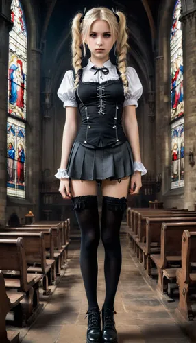 gothic fashion,gothic portrait,gothic style,maid,gothic,gothic woman,schoolgirl,school skirt,alice,church faith,school uniform,gothic architecture,church religion,madonna,gothic dress,priest,gothic church,crossdressing,girl praying,overskirt,Conceptual Art,Fantasy,Fantasy 34