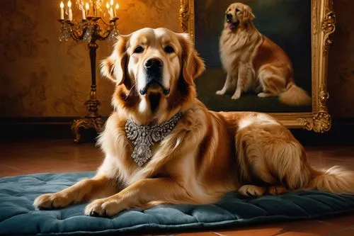 Fancy golden retriever, curly fluffy fur, sparkling collar with diamond, sitting on velvet cushion, luxurious mansion, marble floor, grand chandelier, afternoon sunlight streaming through windows, war