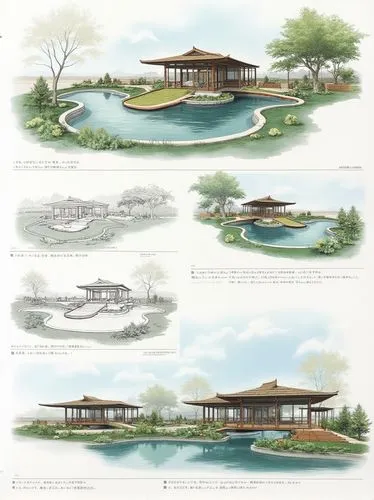 an architectural presentation board of a small eight shaped koi pond with japanese bridge design with section views, views perspectives 3D renders and texts in a neatly composed sheet with space and b