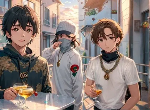 White T-shirt,the three magi,knights,drinking party,holy 3 kings,anime japanese clothing,street cafe,holy three kings,drinks,kings,bird robins,violet evergarden,drinking,three kings,young birds,romano