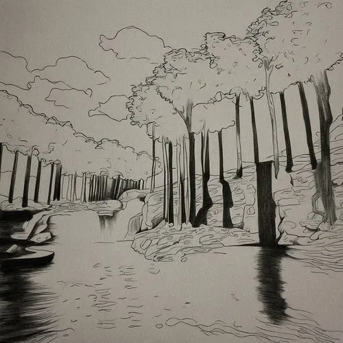 wooden pier,boat dock,mangroves,row of trees,old pier,docks,fishing pier,boat landscape,wooden bridge,waterway,boat harbor,breakwaters,foreshore,estuary,bridge piers,eastern mangroves,the pier,wooden boats,old jetty,boats,Design Sketch,Design Sketch,Pencil