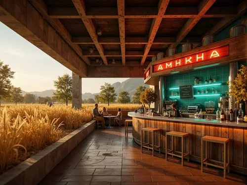 Warm beige wheat fields, futuristic pub architecture, metallic accents, neon lights, glowing signage, rustic wooden textures, industrial pipes, distressed concrete walls, vibrant turquoise accents, so