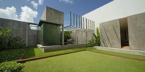 DISEÑO DE UNA PALAPA  ESTILO MINIMALISTA, CON PERGOLAS DE CONCRETO, ELEMENTOS PARA SOMBRE, LOSA DE CONCRETO CON CANAL DE ACERO, CANCELES DE ALUMINIO CON CRISTAL, MURO CASCADA CON ESPEJO DE AGUA,a lush