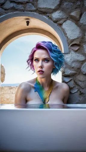 violet head Scarlett johanssen, sexy white walker, female warrior,  popping out of round cracked wall, rainbow ceramics wall, bright blue eyes photography,bathtub,tub,the girl in the bathtub,pixie-bob