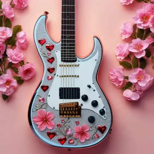 a silver and red guitar surrounded by flowers,painted guitar,electric guitar,guitarra,minions guitar,floral heart,floral background