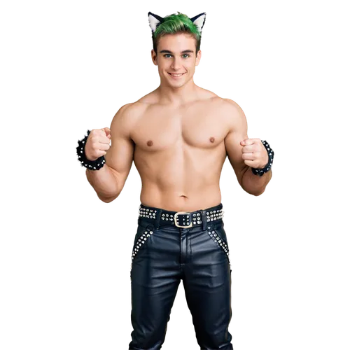 Sexy cat man, muscular torso, anthropomorphic feline features, whiskers, pointed ears, black fur with white chest markings, piercing green eyes, glossy hair, nose ring, chiseled jawline, seductive smi