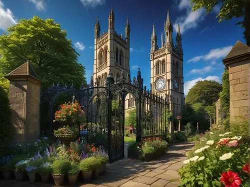 Historic UK architectural landmark, grandiose Gothic style, intricate stone carvings, stained glass windows, majestic clock tower, ornate iron gates, cobblestone pavement, lush greenery surroundings, 