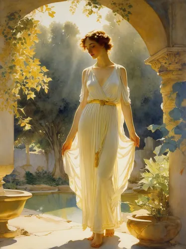 woman at the well,secret garden of venus,mucha,aphrodite,girl in the garden,athena,venus,girl in a long dress,accolade,asher durand,psyche,the magdalene,bougereau,young woman,emile vernon,yellow garden,idyll,goldenlight,golden light,lilian gish - female,Illustration,Paper based,Paper Based 23