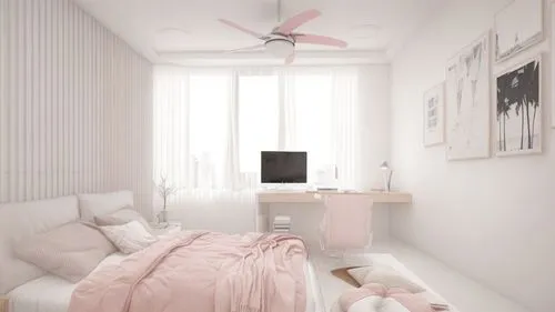 Girl bedroom , white and pink walls. minimal design,bedroom,modern room,ceiling-fan,ceiling fan,decorative fan,electric fan,children's bedroom,mechanical fan,the little girl's room,white pink,white-pi