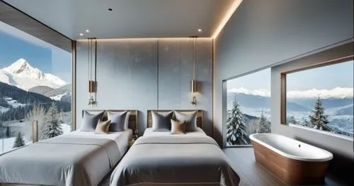 a freestanding bathtub,two beds are in a bedroom near large windows,snowhotel,alpine style,luxury hotel,gstaad,verbier,amanresorts