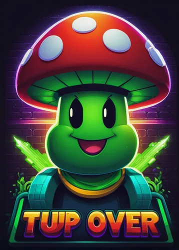 1up, video game concept, save progress icon, pixel art, vibrant colors, retro style, 8-bit texture, glowing effect, centered in frame, close-up, green mushroom, smiling face, floating animation, digit