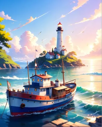 a large boat is moving through the water,fishing boat,schoolship,yamatai,sea fantasy,ocean background,harbor,Anime,Anime,Realistic