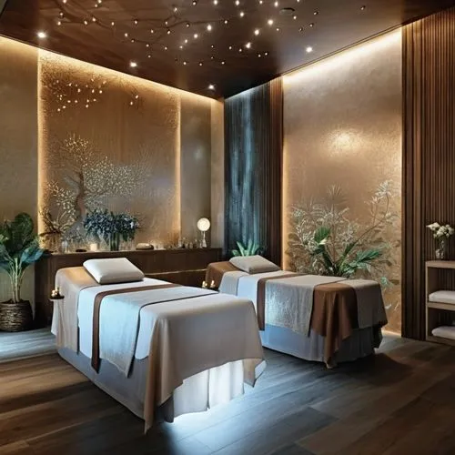 Massage room two tables for massage style luxury relaxation and meditation. Natural shades of caramel, warm sand, cinnamon, dark chocolate. Everything for relaxation meditation. On the wall is a beaut