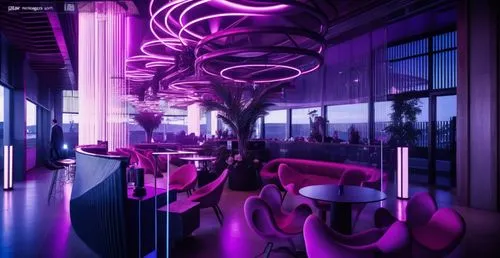 a room filled with lots of furniture and a bar,nightclub,neon coffee,cloudland,neon light drinks,ufo interior,neon tea,Photography,General,Realistic