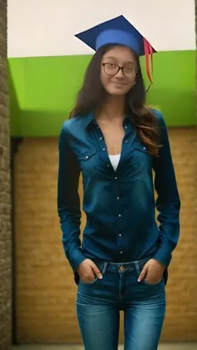 make her wear a shirt and jeans,the woman is standing in the hallway with her graduation cap on,fddi,naina,anjali,greenscreen,sunitha,neelima