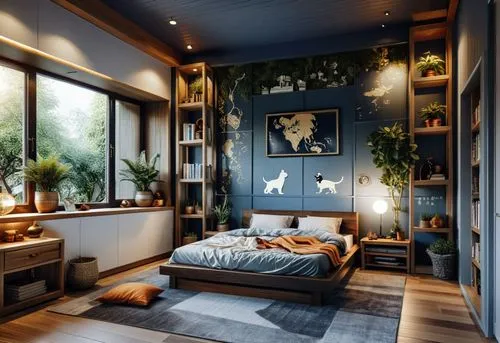 Young man''s bedroom. Oak parkett floor. Garden wiew. Wood frame window, books, asian style, big map, white dog,bedroom with blue and white walls and a dog artwork,great room,modern room,modern decor,