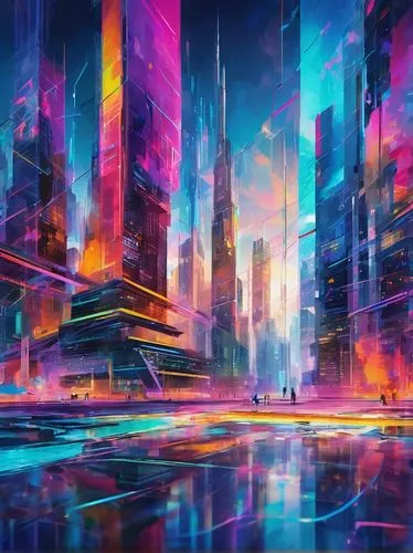 colorful city,cityscape,futuristic landscape,cybercity,metropolis,kaleidoscape,cyberscene,fantasy city,cyberpunk,cityzen,hypermodern,urban,urbanworld,cybertown,cyberworld,futuristic,cities,cyberia,atmospheres,guangzhou,Conceptual Art,Oil color,Oil Color 20