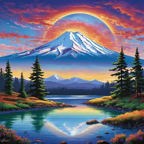 mountain sunrise,mountain landscape,landscape background,mountain scene,mountainous landscape,stratovolcano,volcanic landscape,nature landscape,beautiful landscape,mount fuji,purple landscape,mount hood,rainier,mount rainier,high landscape,mt fuji,painting technique,landscape nature,mt rainier,mountain peak,Conceptual Art,Daily,Daily 24