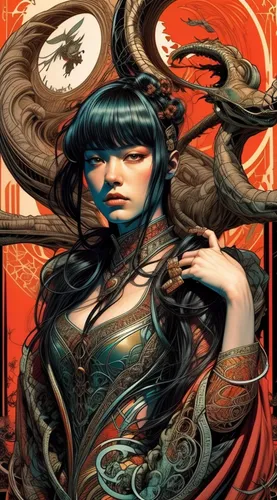 amano,medusa,oriental princess,noodle image,mulan,art nouveau,japanese art,chinese art,dragon li,yi sun sin,rem in arabian nights,oriental girl,rosa ' amber cover,geisha,art nouveau design,zodiac sign libra,blue snake,katana,sorceress,priestess