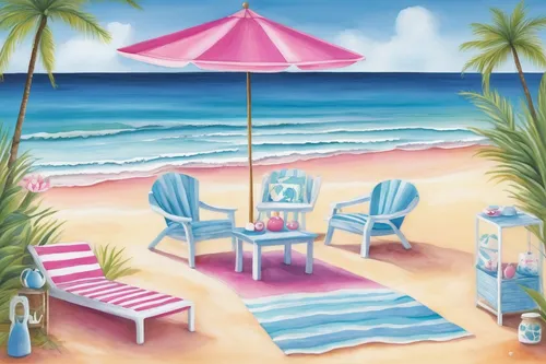 Create a peaceful and serene scene from the Pink Coconut Boutique by the beach.,beach chairs,beach restaurant,beach furniture,beach chair,beach bar,umbrella beach,beach hut,pink beach,deckchairs,beach