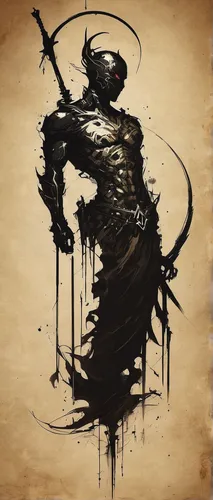 sōjutsu,dark art,samurai,oil stain,samurai fighter,oryx,silhouette art,death god,rorschach,kenjutsu,shinobi,swordsman,stain,ink,tusche indian ink,scorpion,daitō-ryū aiki-jūjutsu,calligraphy,shiva,butcher ax,Conceptual Art,Fantasy,Fantasy 06