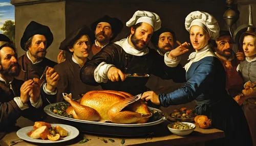 Write a scene where a chef passionately presents a golden brown roasted duck to an impressed crowd.,thanksgiving background,last supper,christ feast,holy supper,thanksgiving dinner,thanksgiving,happy 