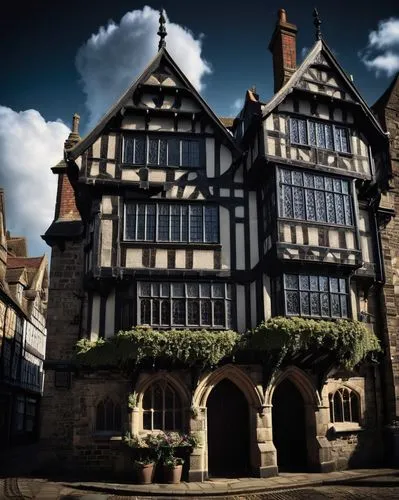 Hastings architecture, medieval town hall, half-timbered building, steeply pitched roof, ornate chimneys, narrow windows, Tudor-style doorway, stone walls, ivy climbing up the facade, flower boxes und