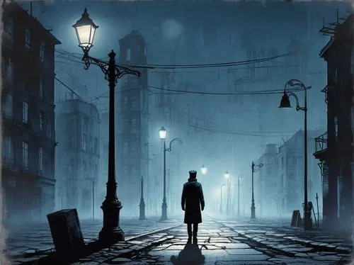 nocturnes,night scene,lamplighter,man with umbrella,loneliness,street lamps,street lights,evening atmosphere,street lamp,blue rain,blind alley,gas lamp,streetlight,streetlamp,sleepwalker,pedestrian,light of night,night image,street light,a pedestrian,Unique,Design,Blueprint