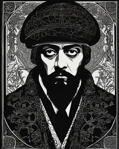 athos,rasputin,genghis khan,saranka,cool woodblock images,black russian,confucius,sultan,cd cover,hieromonk,vladimir,russian folk style,archimandrite,persian poet,cover,guy fawkes,drug icon,gentleman icons,zhupanovsky,orthodox,Illustration,Black and White,Black and White 24