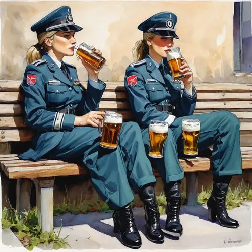 nato female officers, chillin', smoking, on bench, off hat, holding beers, at break,bavarians,servicewoman,policewomen,servicemen,policemen,glasses of beer,servicewomen,bundesheer,usaaf,beer garden,mi