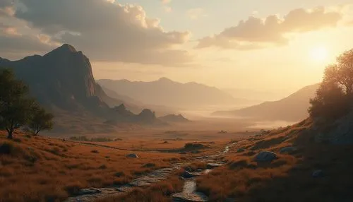 Plateau landscape, vast open space, rolling hills, sparse trees, rocky outcrops, distant mountains, serene atmosphere, soft warm light, few puffy white clouds, gentle breeze, rustling grass, stone pat