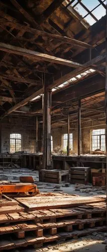 Industrial architectural salvage bay area, abandoned warehouse, rusty metal beams, old brick walls, concrete floor, large windows with broken glass, wooden crates, scattered tools, construction hats, 