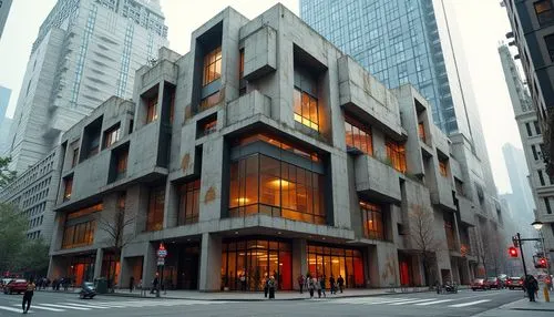 Dynamic constructivist facade, fragmented shapes, intersecting planes, bold geometric patterns, industrial materials, exposed steel frames, concrete textures, irregular window arrangements, cantilever