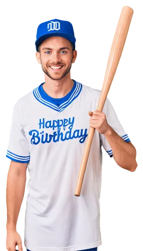 Baseball player, happy birthday, joyful facial expression, smiling eyes, white baseball uniform, blue cap, holding baseball bat, standing in stadium, sunny day, soft focus background, shallow depth of