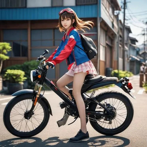 flying anime character,japanese style,girl,bike,a female asian wearing short skirt sitting on a motorcycle,tatari,e bike,bike,mobike,saepo,sento,Photography,General,Realistic