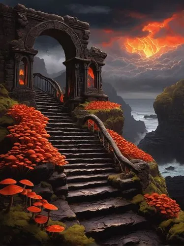 fantasy landscape,fantasy picture,volcanic landscape,dragon bridge,winding steps,fantasy art,red cliff,chasm,devil's bridge,world digital painting,landscape red,hall of the fallen,volcanic field,stone stairway,heaven gate,meteora,devilwood,frederic church,myst,stairway to heaven,Illustration,Retro,Retro 07