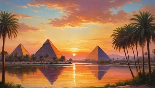 A breathtaking landscape of ancient Egypt with pyramids and the Nile River at sunset, intricately crafted in hyper-realistic oil on canvas, evoking a sense of majestic wonder, as if the viewer is stan