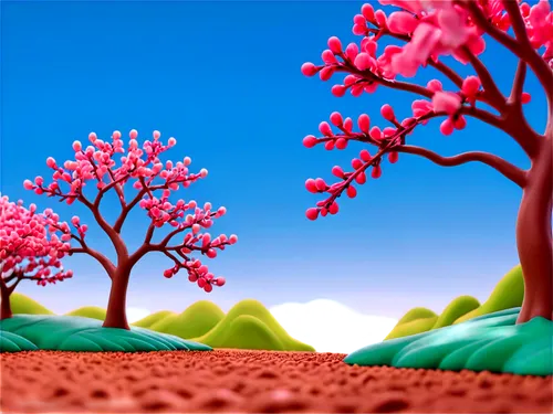 flowerful desert,cartoon video game background,3d background,virtual landscape,microworlds,arid landscape,japanese sakura background,desert desert landscape,mushroom landscape,landscape background,desert landscape,spring background,blooming trees,blossom tree,springtime background,tree grove,claymation,cartoon forest,tiny world,sakura trees,Unique,3D,Clay