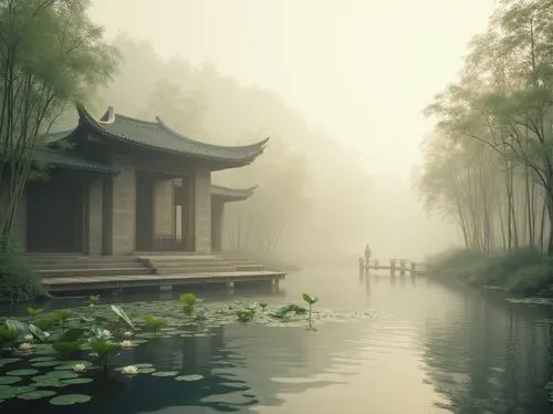 asian architecture,shaoming,tranquility,teahouse,morning mist,water lotus,qingcheng,yinzhen,wudang,lotus pond,foggy landscape,calmness,stillness,quietude,tranquillity,suzhou,calm water,wuzong,oriental,serene,Photography,General,Realistic