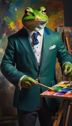 Frog, businessman, green skin, formal wear, white shirt, black tie, blue blazer, holding palette, brush in hand, standing, studio, easel, canvas, colorful paints, artistic mess, natural lighting, soft