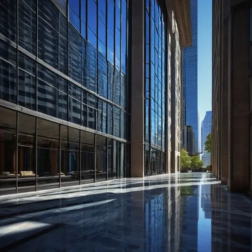 Modern American skyscraper, sleek glass exterior, steel beams, grand entrance, luxurious lobby, marble floor, high ceiling, bright natural light, urban cityscape, daytime, clear blue sky, 3/4 composit