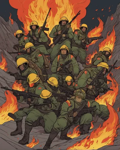 firefighters,fire-fighting,patrol,firemen,ground fire,fire background,soldiers,burning earth,defense,troop,vietnam,fires,the army,fire land,fire fighters,lost in war,war,monkey soldier,inferno,infantry,Illustration,Vector,Vector 02