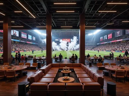 Luxurious VIP lounge, plush leather seating, polished wooden flooring, stadium views, floor-to-ceiling windows, modern minimalist decor, sleek metallic accents, vibrant team colors, dynamic LED lighti