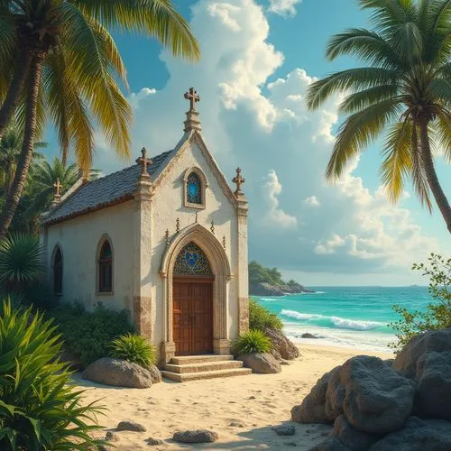 Seaside chapel, gothic architecture, stained glass windows, intricately carved wooden doors, white stone walls, ornate crosses, tropical plants surrounding, palm trees swaying gently, turquoise ocean 