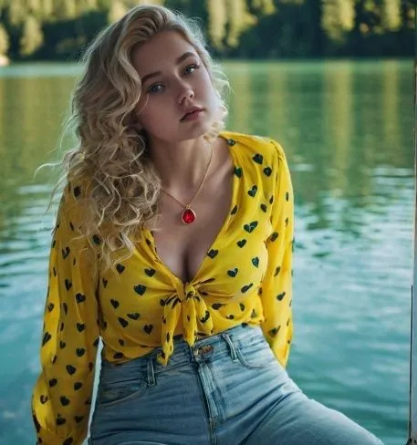 eine dünne goldkette mit rotem anhänder im Dekolleté,a woman in a yellow top on the dock,the blonde in the river,michalka,kapova,kuzmina,zakharov,syrena