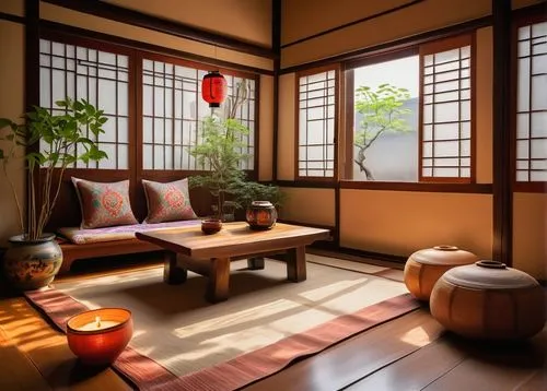 japanese-style room,ryokan,ryokans,tatami,wooden windows,japanese style,teahouse,tea ceremony,japanese patterns,sitting room,chanoyu,japanese paper lanterns,teahouses,japanese zen garden,zen garden,dojo,asian architecture,zuoyi,zakka,japanese lantern,Illustration,Retro,Retro 14