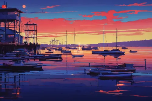 foster city,boat harbor,harbor,sailboats,monterey,newport beach,everett,fishermans wharf,coast sunset,yacht club,waterfront,docks,sailing blue purple,harbour,catalina island,saturated colors,wharf,old city marina,santa cruz,lake tahoe,Conceptual Art,Fantasy,Fantasy 19